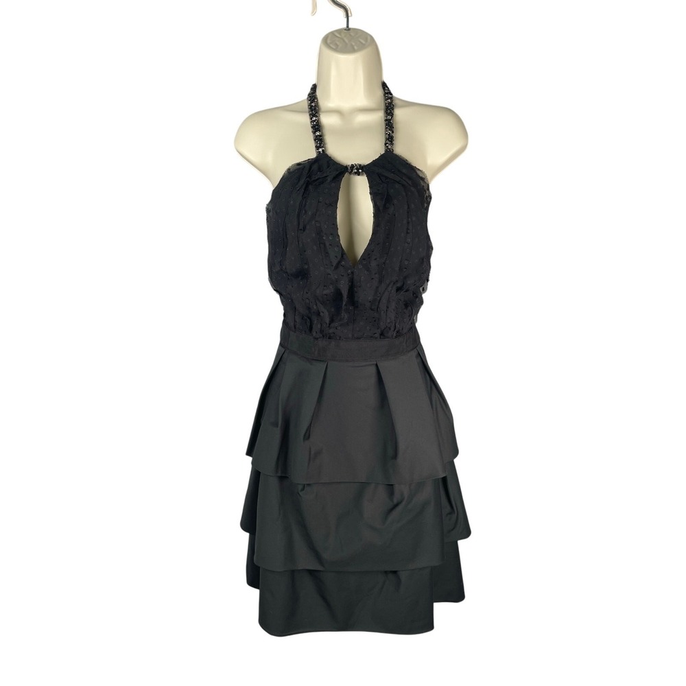 BCBGMAXAZRIA‎ Dress 12 Black Tiered Chiffon Beaded Halter Party Fairy Whimsigoth
